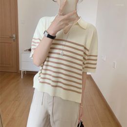 Women's T Shirts Knitted Striped Summer Women Tshirts Turn Down Collar Short Sleeve Casual Vintage Tops Loose Harajuku Korean Tees N208