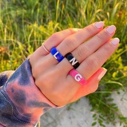 Pink Blue Enamel 26 Alphabet Letter Band Ring For Women Personalized Name Full Finger Jewelry Fashion240S