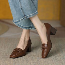 Dress Shoes SpringAutumn Women Shoes Split Leather Shoes Women Square Toe High Heels Chunky Heel Shoes Bow-knot Work Shoes for Women 230404