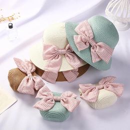 Hats Girls Cute Straw Hat Handbag Set Plaid Bowtie Flower Bucket Baby Outdoor Travel Holiday Beach Floppy Cap Panama Caps Gifts