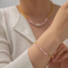 Necklace Earrings Set Romantic Crystal Pendant Bracelet For Women Pink Ladies Stainless Steel Beads