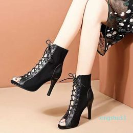 Sandals LaceUp Heels 9CM Women's Shoes Summer Trend Black Sexy Peep Toe Boots Fashion