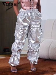 Women's Pants Viifaa Metallic Silver Y2K Cargo For Women 2023 Elastic Waist Pockets Side Streetwear Fashion Joggers
