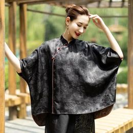 Ethnic Clothing 2023 Chinese Traditional Black Jacquard Lady Silk Top Standing Collar Loose Bat Sleeve Improved Qipao Tangsuits