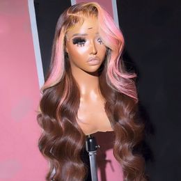 Brazilian Highlight Pink Brown Coloured Lace Front Wig Human Hair Pre Plucked for Women Transparent Lace 360 Synthetic Frontal Wig