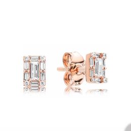 18K Rose Gold Square Halo Stud Earrings for Pandora 925 Sterling Silver designer Earring Set For Women Girlfriend Gift CZ Diamond Wedding earring with Original Box