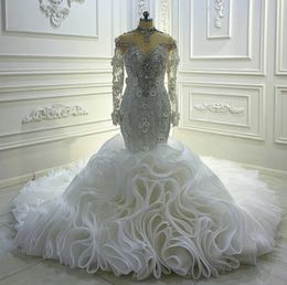 Luxury Arabic Dubai Mermaid Wedding Dress 2024 Illusion High Neck Crystal Beads Ruffles Organza Bridal Gown Customed Vestidos De Noiva