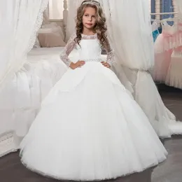 Girl Dresses Flower White Tulle Puffy Appliques With Bow Long Sleeve For Wedding Birthday Party First Communion Gowns