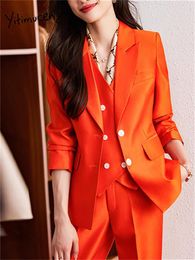 Women's Two Piece Pants Yitimuceng Slim 3 Sets Office Wear Women 2023 Fashion Ladies Long Sleeve Blazers Chic Button Up Vests Pant Suits