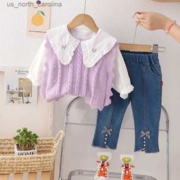 Clothing Sets Autumn Suit For Sweater Vest+White Embroidery T-shirt For Girls+Jeans Pcs Set Lovely Baby Girl Clothes Children's Clothing