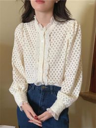 Women's Blouses Alien Kitty French Apricot Stand Shirts Lace Plaid Women Ruffles Spring 2023 Stylish Casual Office Lady Full Sleeves Tops