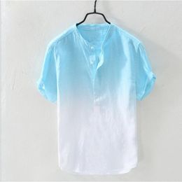 Men's Casual Shirts Men's Linen Gradient Colour Thin Breathable Button Up Tops Man Short Sleeve Shirt Blouse