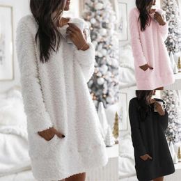 Casual Dresses Wool Straight Loose Dress Autumn Winter Women Bigsweety Full O-neck Solid A Line 2023