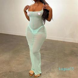 Casual Dresses Green Mesh Sexy Beach Party Dress Sleeveless Spaghetti Strap Low Cut See Through Open Back Bodycon Maxi 2023 Summer