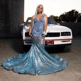 Pale Blue Trumpte Prom Formal Dress For Women Sparkly Diamond Crystal Black Girl Birthday Runway Gown Gillter Celcebrity Dresses 322