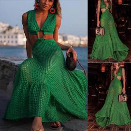 Casual Dresses Fashion Womens Sexy Beach Bohemian Style Mesh Hollow Out Sleeveless Halter See-through GREEN Maxi Long Sundress Plus Size