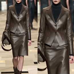 Brown Leather Women Suits Blazer 2 Pieces Loose Jacket Oversize Party Prom Dress Tuxedo Tailored Made Street Wear Casual Outfit