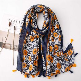 Sarongs 2021 Newest Flower Printed Scarf Hijabs Tassels Women Shawls Cotton Muslim Head Wraps Large Size Fashion Head Scarves 1PC Retail P230403