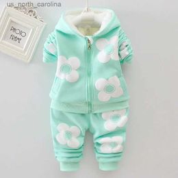 Clothing Sets Baby Girls Flower Cartoon Thickk Woollen Autumn Winter Hoodied Jacket Coat Pants Clothing Set Children Kids Warm Clothes Suits R231106