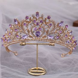 Luxury Elegant Purple Pink AB Crystal Flower Tiara Crown For Women Bridal Bride Queen Headbands Hair Wedding Accessories