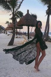 Women's Swimwear Black Whie Women Lace Flower Cardigan Beach Long Dress Cover-Ups Sexy Bikini Cover Up Sunscreen BeachwearWomen's