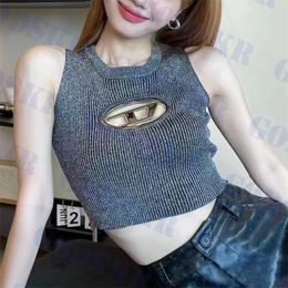 Womens T Shirt D Letter Badge Tanks Grey Knitted Tank Top Sexy Hollow Tees Clothing