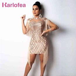 Tassel Cloak Sleeve Party Dress Sexy Hollow Out Sequin Bodycon Mini Gold Club Birthday Fringe Women es 210520255Q