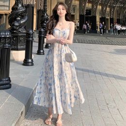 Casual Dresses 2023 Summer French Female Dress Blue Oil Painting Beach Broken Flowers Suspender Fairy Texture Sense Of Luxury