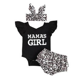 Clothing Sets Baby Girls Summer Outfits Ruffle Sleeve Letter Print Romper Leopard Bloomers Headband