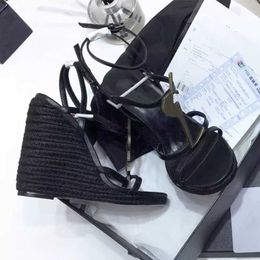 Designer Wedge Sexy Sandals Espadrilles Cassandra Leather Heels Women Black Sandals10.5 CM Heel Adjustable Buckle Wedding Dress Shoes With Box NO325