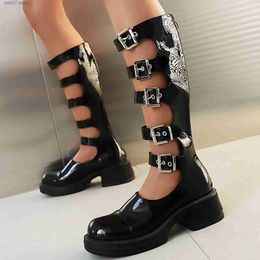 Boots Glossy Patent Leather Plus Size Five-Row Metal Belt Buckle Hollow-Out Knee-Length Boots with Back Zipper Thick Heel Sexy Boots T231106