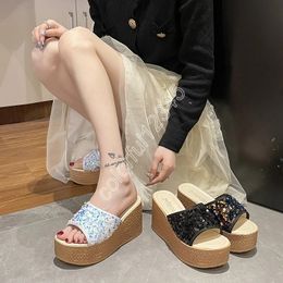 9cmHeels Summer Beach Platform Women Wedge Slippers Stylish Sequins Female Sandals Clog Shoes Slides Lady Casual Outdoor Sandals