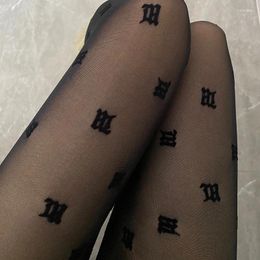 Women Socks Solid Colour Letter Flocking Sexy See Through Tights Slim Transparent Stockings With Feet Summer Street Mesh