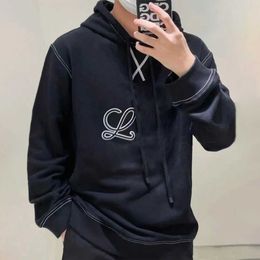 Luo+Heavy Industry Embroidery Splice Line Black Grey Hooded plush Sweater Autumn/Winter Loose Couple Hoodie Fashion CoatOBQ2