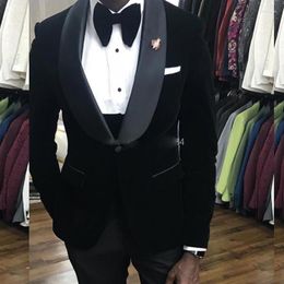 Men's Suits 2023 Casual Men's Boutique Velvet Solid Colour Business Set For Wedding Shawl Lapel Jacket Vest Pants 3 Pcs