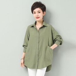 Women's Blouses Cotton Women Tops 2023 Spring Linen Cottons Casual Womans Vintage Turn-down Collar Shirts Green