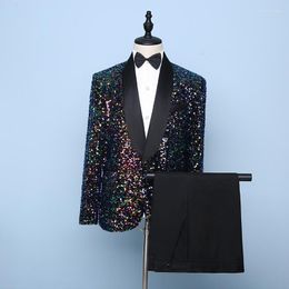 Men's Suits 2023 Men's Suit Set Sequins Shawl Collar Presiding Dress Stage Chorus Performance Blazer 3 Pcs (Coat Pants Bowtie)