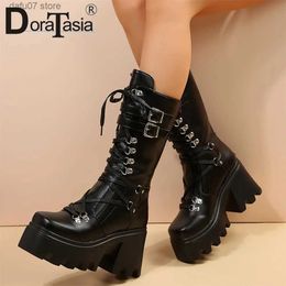 Boots Brand New Ladies Platform Mid-Calf Boots Fashion Buckle Punk Chunky High Heels women's Boots Party Street Cross Tied Woman Shoes T231106