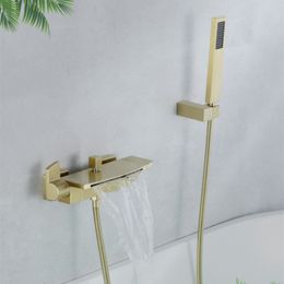 Bathroom Shower Heads Bathtub Set Wall Mounted Double Handle Brush Gold Waterfall Faucet Solid Brass Casted Water Saving 230406