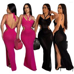 Casual Dresses Sexy Mesh Strapless Hollow Out Maxi Dress Sheer Sundress Bandage Sleeveless See Through Beachwear Knitted Long Skirt