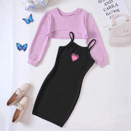 Clothing Sets Junior Girls Spring And Autumn Clothes Short Long Sleeved Top & Love Sling Dress 2Pcs Children Fashion Outfits