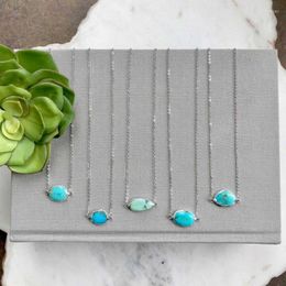 Chains NM14771 Silver Plated Freeform Raw Turquoise Necklace Boho Rustic Horizontal Oval Pendant Rhodium Minimalist Gift