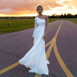 Sexy Long Sleeves Beach Wedding Dress Illusion Pearls Beaded Boho Chiffon Mariage Bridal Gowns With Side Split A-Line Robe De Mariee