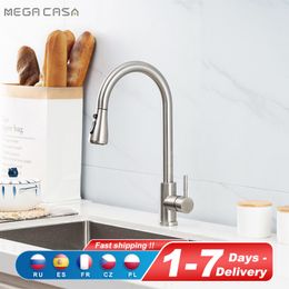 Kitchen Faucets Brushed Nickel Pull Out Sink Water Tap Deck Mounted Mixer Stream Sprayer Head Cold Taps Black Chrome 230406