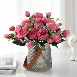 Decorative Flowers 30cm Rose Pink Silk Peony Artificial Bouquet 5 Big Head And 4 Bud Fake For Wedding Decoration