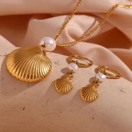 Necklace Earrings Set Eco-friendly Natural Freshwater Pearl Bohemian Stainless Steel Scallop Shell Pendant Hoop Boho Jewelry