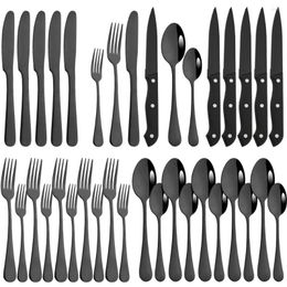 Dinnerware Sets Drmfiy 36Pcs Black Tableware Set Luxury Stainless Steel Silverware Kitchen Steak Knife Fork Spoons Cutlery