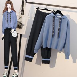 Women's Two Piece Pants Sweater Set Autumn Winter Diamonds Bow Knitted Hooded Loose Pullover Tracksuits And Elastic Waist Pencil Suits