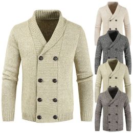 Jacket Men Cotton Knitted Single-breasted Lapel sweater male Cardigan coat male Double breasted business elite Elegance people