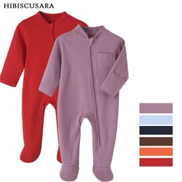 Rompers 100% Cotton born Baby Clothes Solid Color Jumpsuit Zipper Infant Boys Girls Spring Bottoming Shirt Jumpsuits Footed 230406